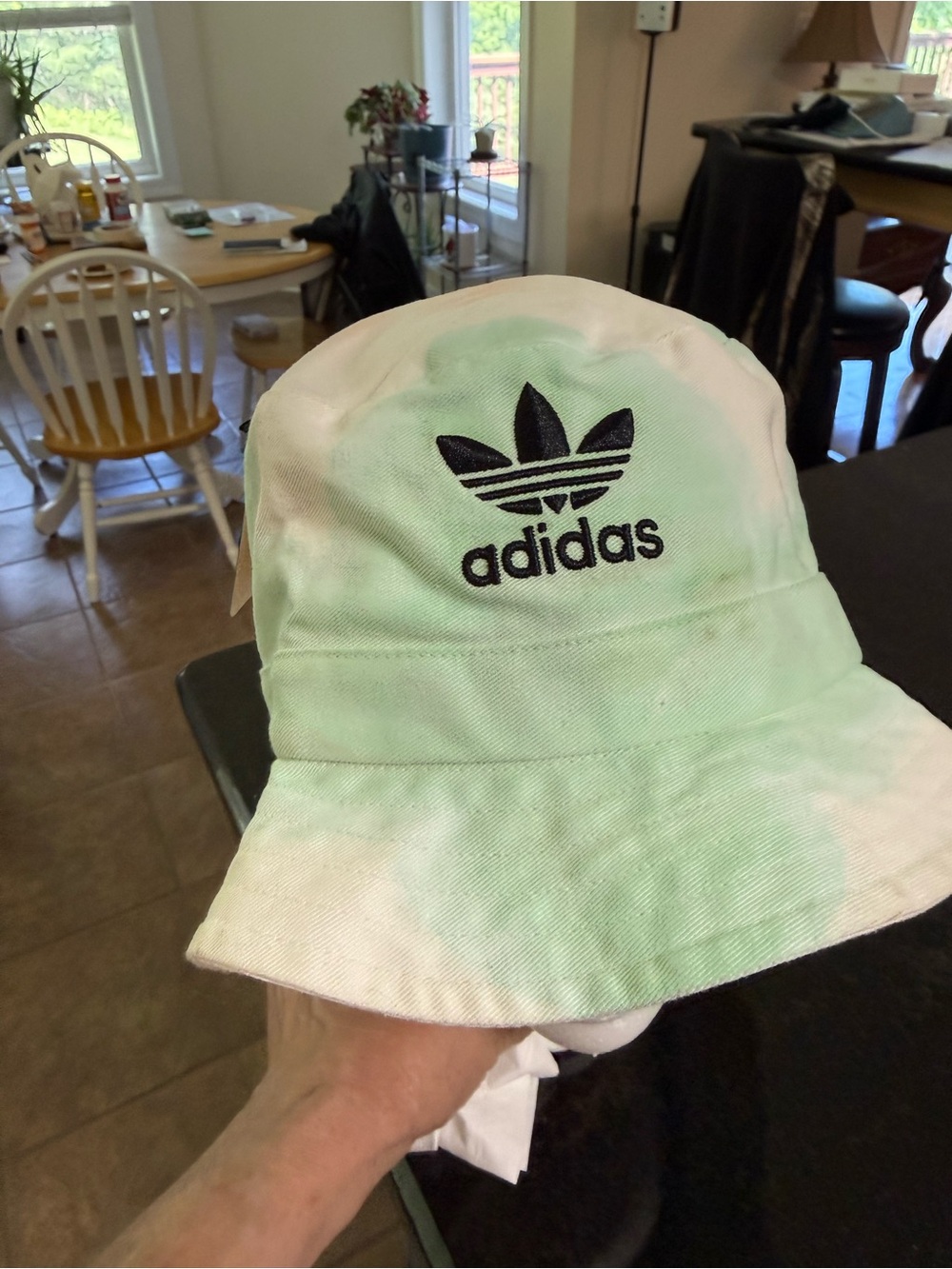 adidas Tie-Dye Bucket Hat in Mint Green & White with Black Trefoil